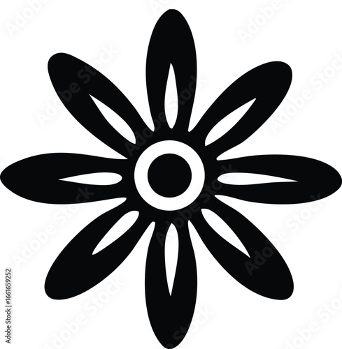 Symmetrical black and white eight-petal flower icon with central circle detailed design for decorative use
