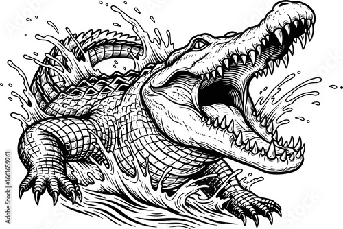 Black and White Vector Illustration of Crocodile Head with Sharp Teeth and Scales