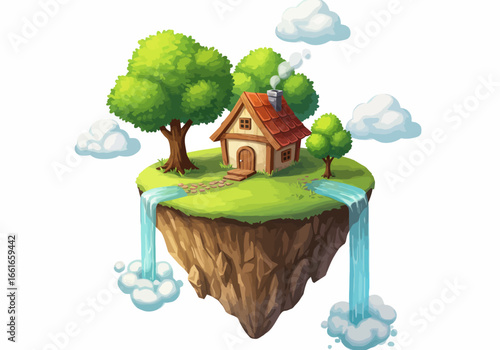 Charming cottage nestled on a whimsical floating island, surrounded by lush trees and cascading waterfalls.