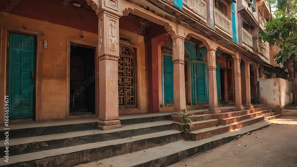 A charming street scene with traditional indian architecture, showcasing colorful buildings and intricate details in an urban setting