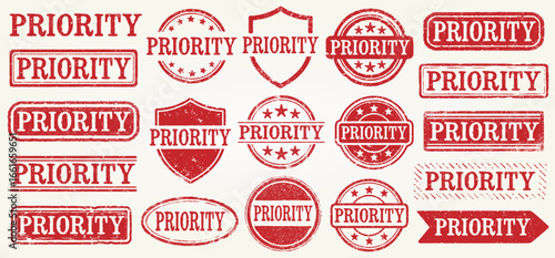 Priority Grunge Stamp Set. Collection Of 19 Distressed Red Priority Vector Rubber Stamps With A Vintage Grunge Texture. Perfect For Labels, Documents, Deadlines, Shipments, Packaging. Isolated Vector.