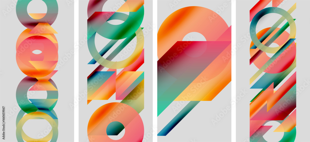 Obraz premium Abstract geometric artwork. Overlapping circles, rectangles create vibrant color gradients. Modern design, minimalist aesthetic.