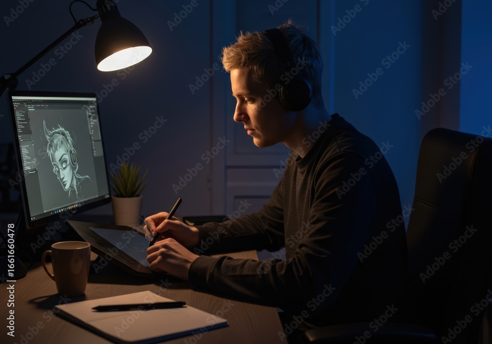 Fototapeta premium Digital Artist Working Late at Night