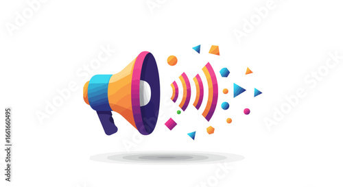 Colorful megaphone broadcasting announcement, vibrant shapes radiating outwards.