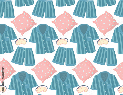 Seamless pajama party pattern with striped sleepwear, pillow and sleep mask. Cute background of dreamy restful aesthetic