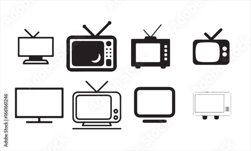 Collection of black television icons isolated on white background for design