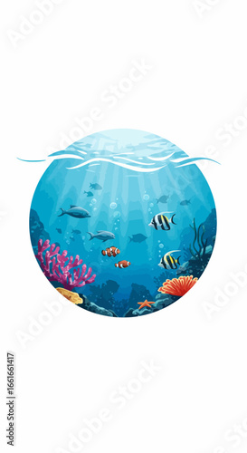 Underwater scene depicting fish swimming around coral reefs with sunlight filtering through the water surface.