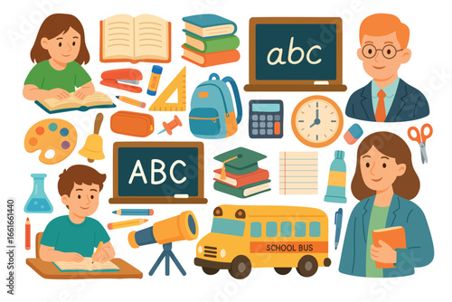 Flat cartoon vector collection of students, teachers, books, bus, and classroom supplies isolated on white.