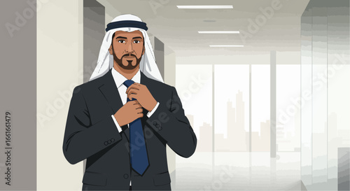 Businessman adjusting his necktie while standing confidently in an office hallway, vector illustration.
