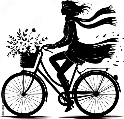 A black and white silhouette illustration of a stylish woman riding a vintage bicycle