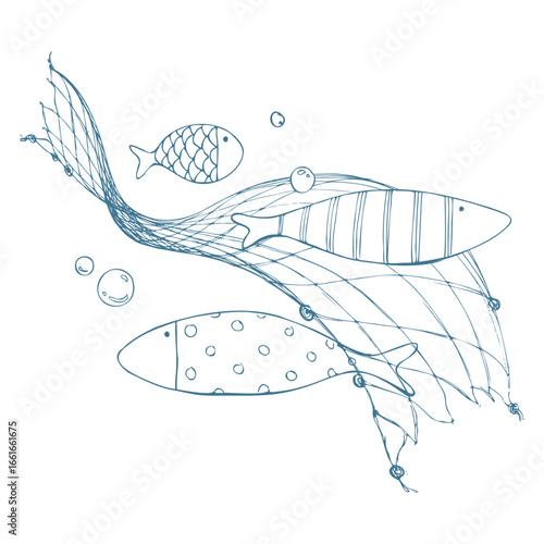 A graceful group of fish with bubbles flowing over a fine fishing net, airy and fluid. Hand-drawn ink illustration. Decorative composition for posters, invitations and editorial materials.