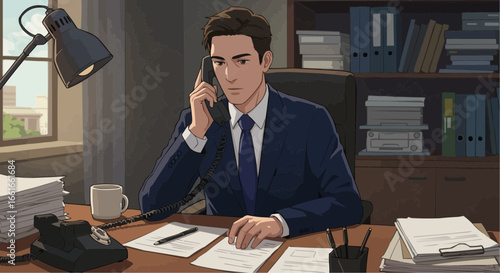 Male executive talking on a landline phone at his desk with papers around, business vector.
