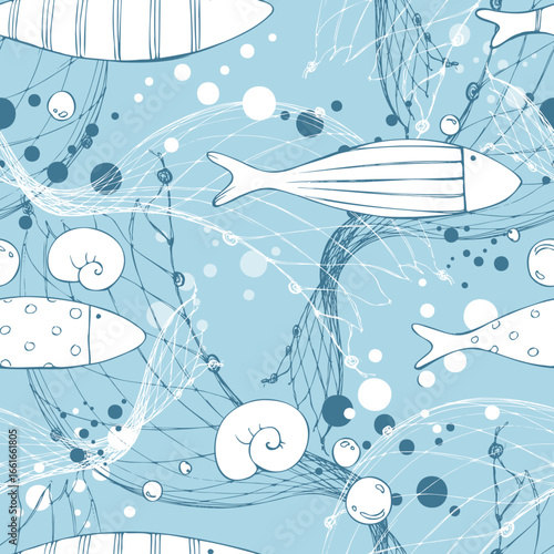 Simple geometric fish among nets and bubbles on the background of the blue sea. Graphic line art illustration drawn by hand. Seamless pattern for wallpaper, textile, children s prints