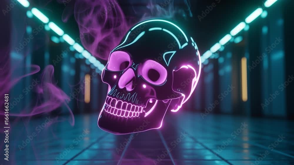 Skeleton head glowing neon lights inside futuristic sci fi corridor