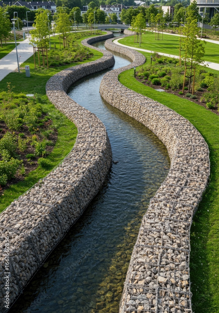 Obraz premium Winding waterway through landscaped park