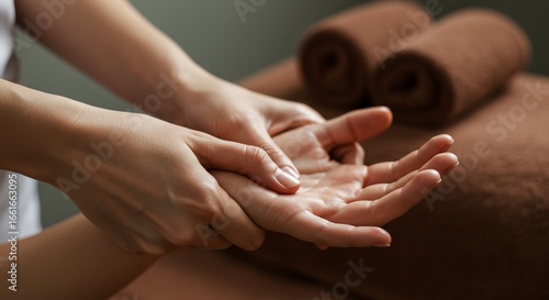 Two hands massaging another hand with oil with brown towels in the background