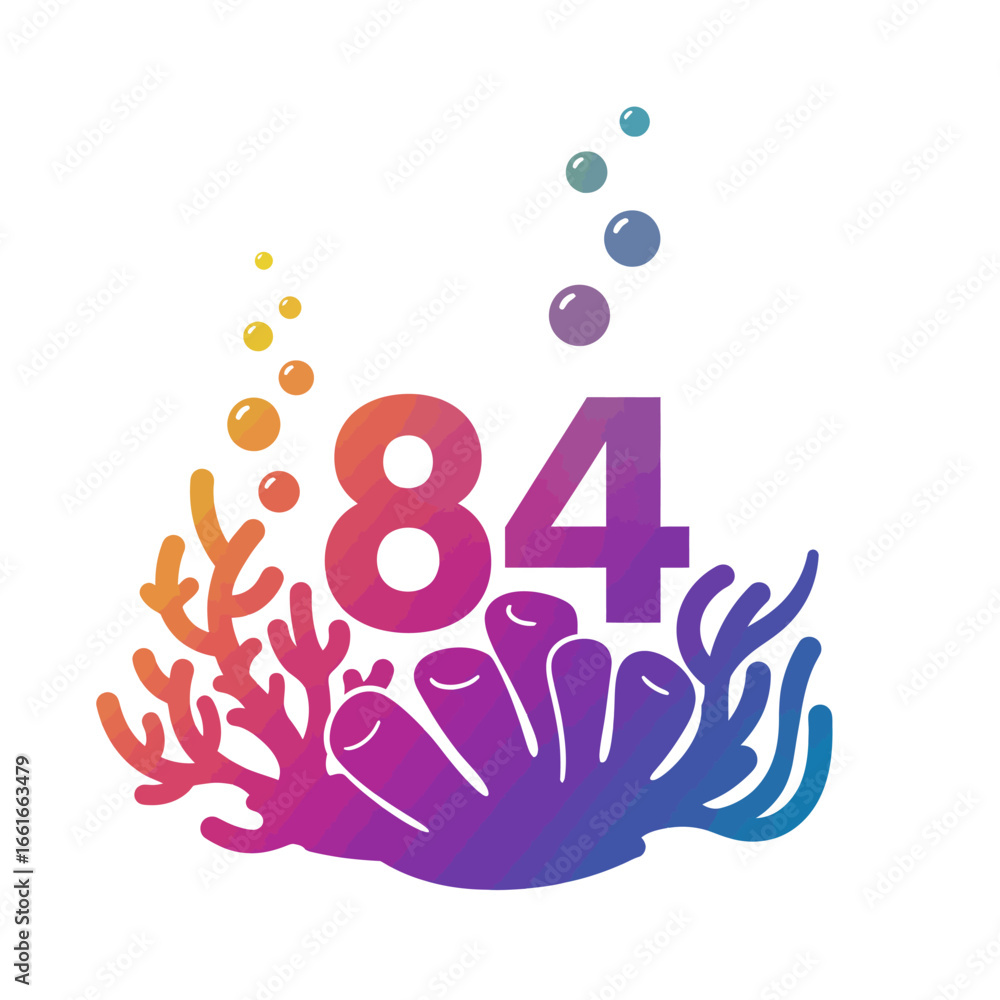 Fototapeta premium Vibrant coral reef illustration with number eighty-four, bubbles, and gradient colors.