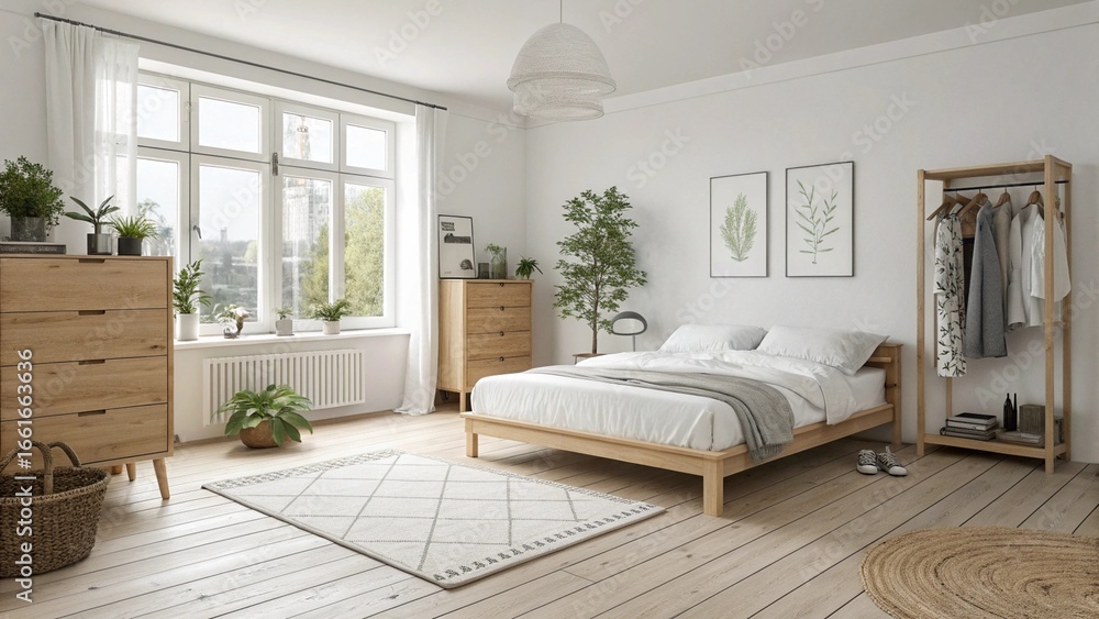 Fototapeta premium Bright and airy Scandinavian-inspired bedroom. Light wood floors, a simple platform bed with white bedding, and functional yet decorative furniture. The style is defined by minimalism, functionality, 