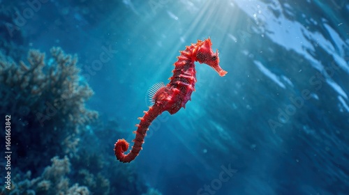 Red seahorse in coral reef