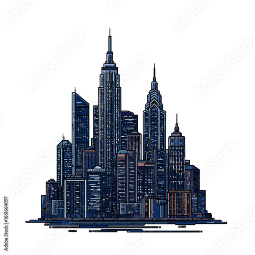 A stylized illustration of a dense cityscape featuring various skyscrapers and buildings in a clustered arrangement.