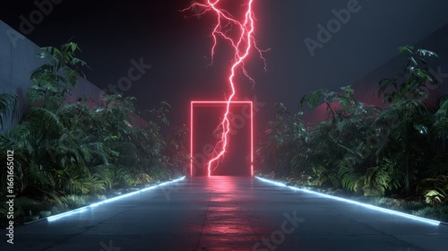 Neon lightning illuminates a futuristic pathway