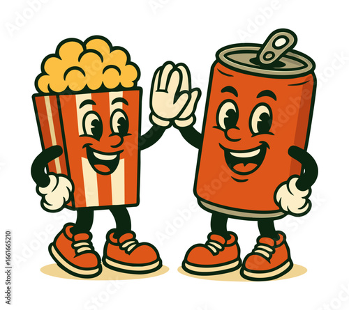 Retro cartoon popcorn and soda can buddies highfiving in vintage animation style celebrate friendship together.
