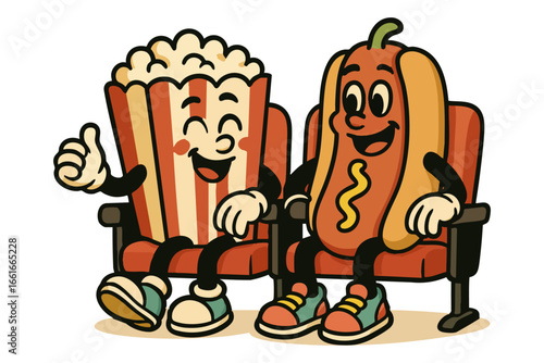 Retro cartoon popcorn and hotdog