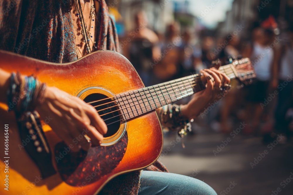 Fototapeta premium A person playing an acoustic guitar on a street, surrounded by people.
