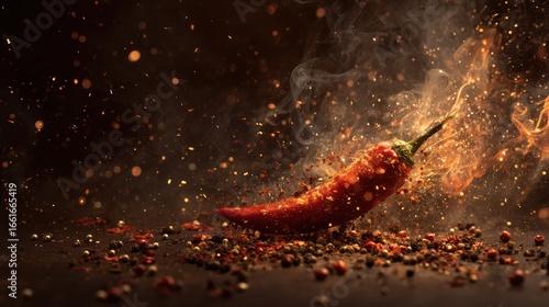 Fiery chili pepper erupts in a dramatic display of sparks and smoke