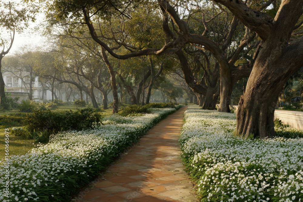Obraz premium peaceful garden pathway adorned with blooming flowers and augmented reality routes for meditation