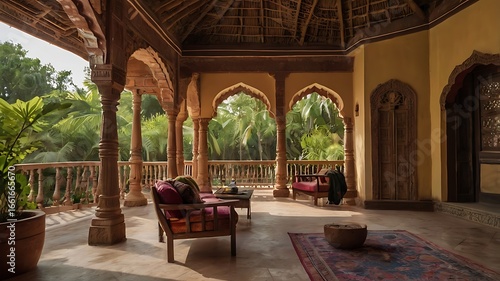 Fototapeta Naklejka Na Ścianę i Meble -  A luxurious and inviting outdoor living space with ornate wooden columns and lush greenery in a tropical setting
