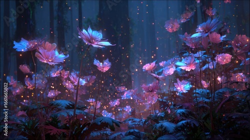 Mystical forest of glowing flowers