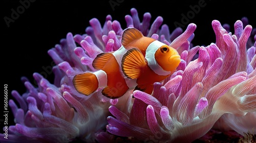 Clownfish amidst vibrant purple anemone