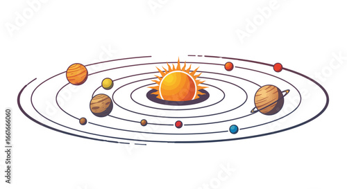 Simplified solar system illustration showing planets orbiting the sun.