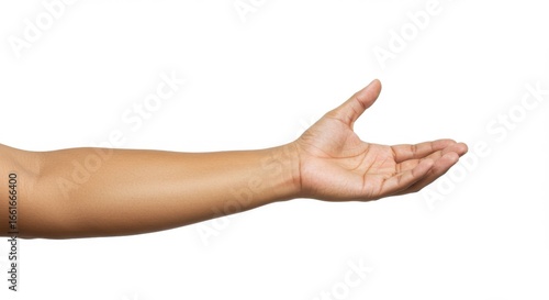 Male Arm Reaching Out with an Open Palm, a Gesture of Giving or Receiving on a White Background.
