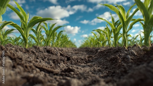 Corn seedlings in a field, low angle view