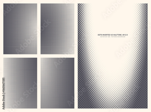 Assorted vector retro styled inverted dots halftone pattern set in vertical 2:3 aspect ratio including elliptical frame and various smooth textures. Miscellaneous offset prints design elements bundle