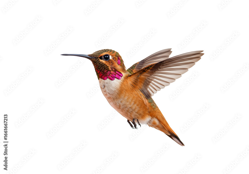 Obraz premium Hummingbird in flight wildlife photography isolated bird orange brown green pink colors nature image high contrast background vector graphic