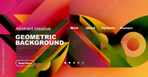 Abstract geometric background design. Vibrant colors, shapes create modern website header or banner. Text elements present.