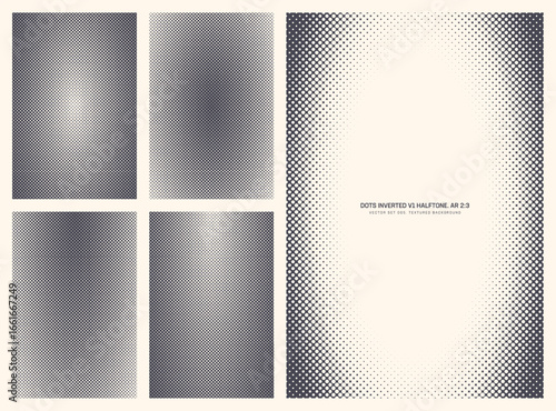 Assorted vector retro styled inverted dots halftone pattern set in vertical 2:3 aspect ratio including oval frame and various smooth textures. Varied offset print half tone design elements bundle