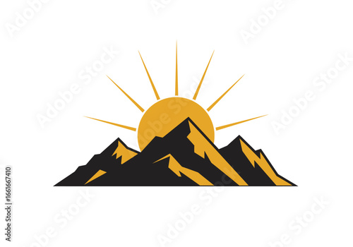 A stylized mountain range silhouette with a rising sun radiating golden light, simple design.
