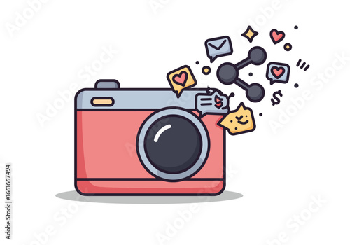 Cartoon-style illustration of a pink camera with social media icons floating from it, representing sharing and online engagement.