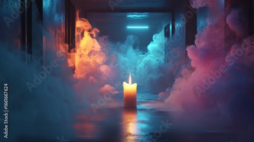 A single candle in a smoky hallway