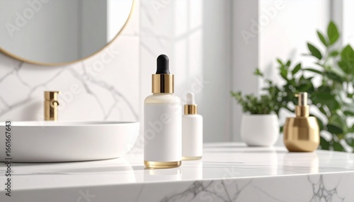 A luxurious cosmetic product mockup featuring white dropper bottles on a marble bathroom counter, embodying a spa and wellness concept for skincare