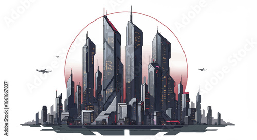 Futuristic cityscape illustration with towering skyscrapers and a dramatic sun.
