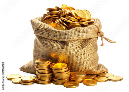 a bag of golden coins isolated on white background PNG , AI GENERATED