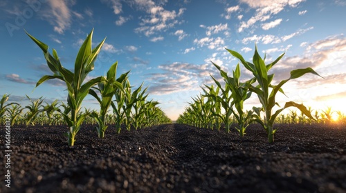 Young corn plants in a field at sunset