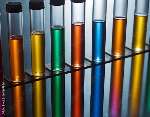 Colorful Chemical Solutions in Test Tubes on Black Background. Laboratory Glassware with Multicolored Liquid Samples. Chemistry Experiment with Test Tubes Filled with Colored Liquids.Science Lab