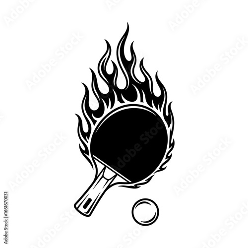 Table tennis paddle engulfed in flames monochrome drawing sports equipment competitive spirit high quality professional