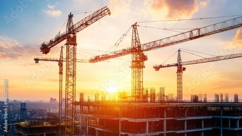 Towering cranes above a modern construction site, steel framework under a stunning sunset sky